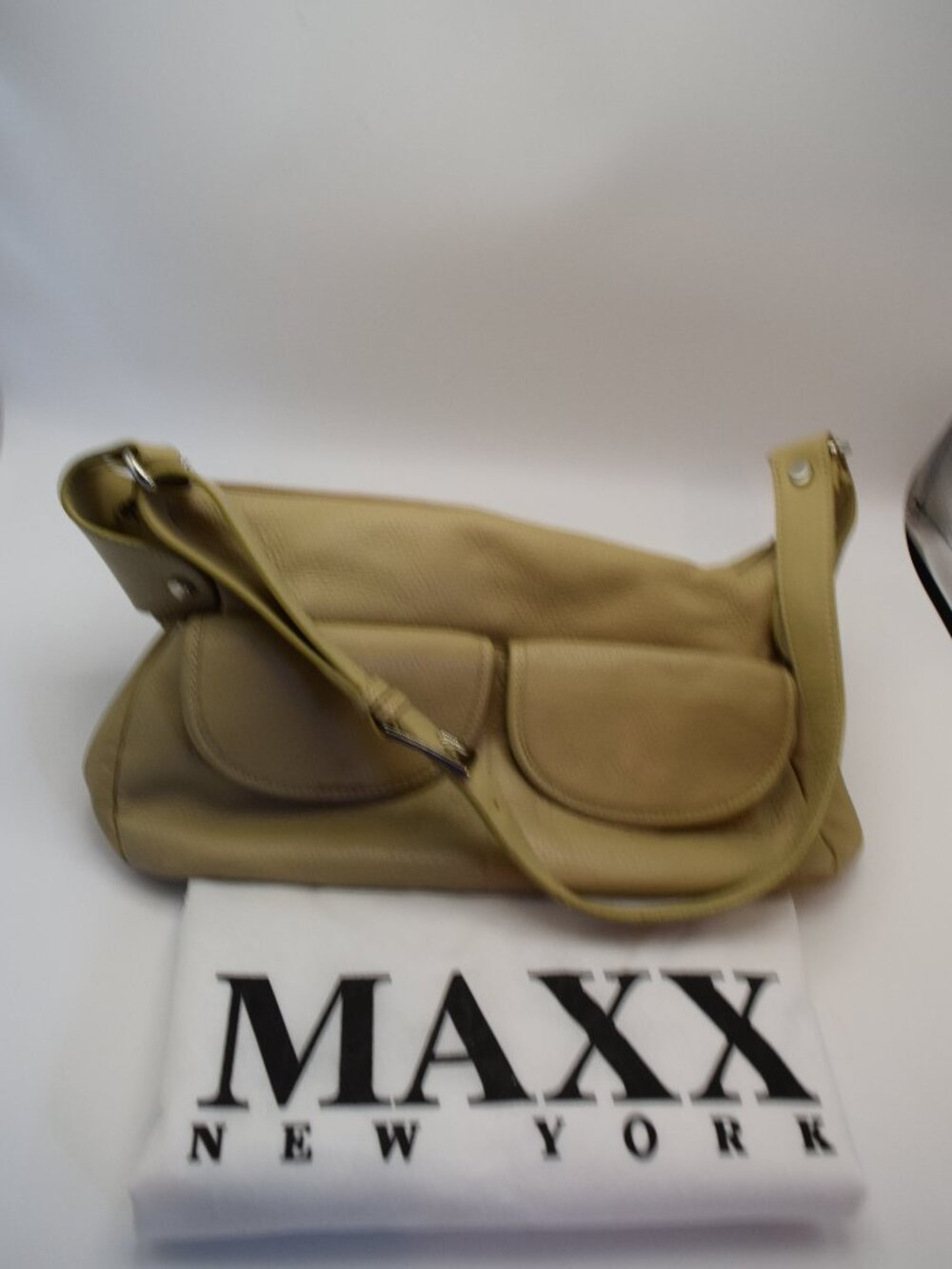 Maxx New York Beige Pebbled Leather Hobo Shoulder Bag Adjustable Strap Dust Bag